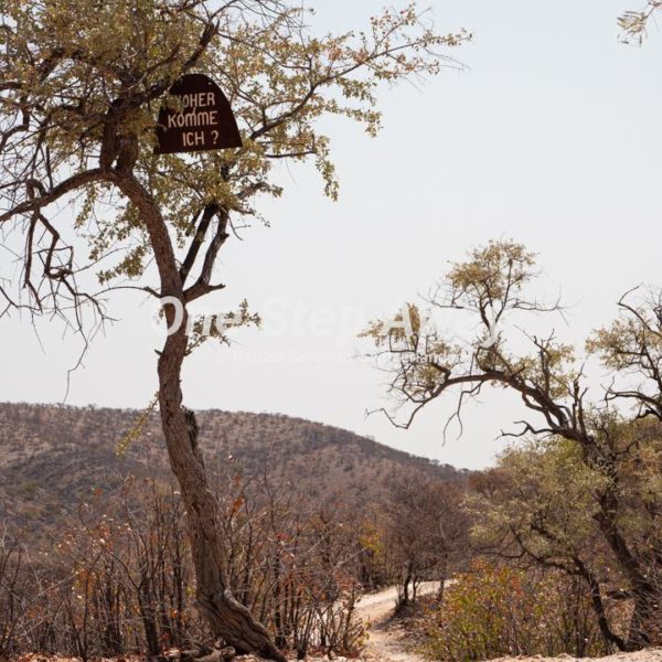 Namibia - Camp Aussicht / Gravel road life question sign, Schotterstrasse mit Lebensfrage Schild