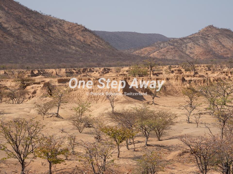 Namibia - close to,nahe Etosha / Sandstone valley landscape with trees and mountain background, Sandstein Tal Landschaft mit Bäumen und Berg Hintergrund